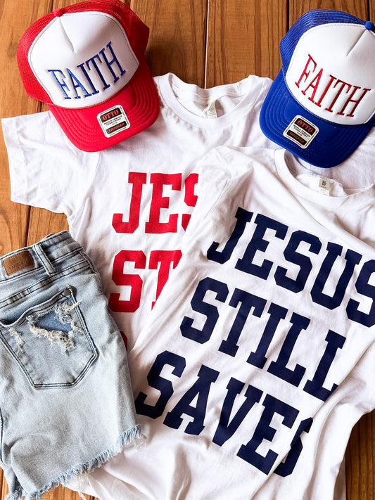 Jesus Still Saves White Tee | Red, White, & Blue