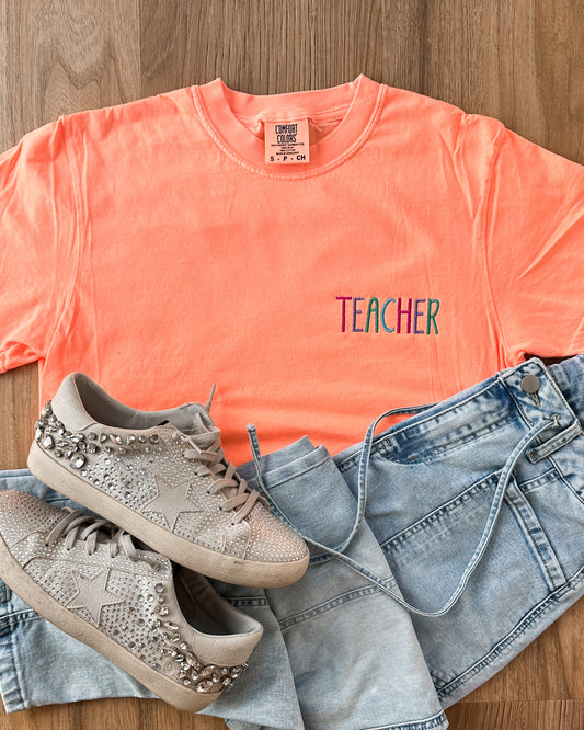 Teacher Embroidered Comfort Colors Tee | Multicolor Stitch