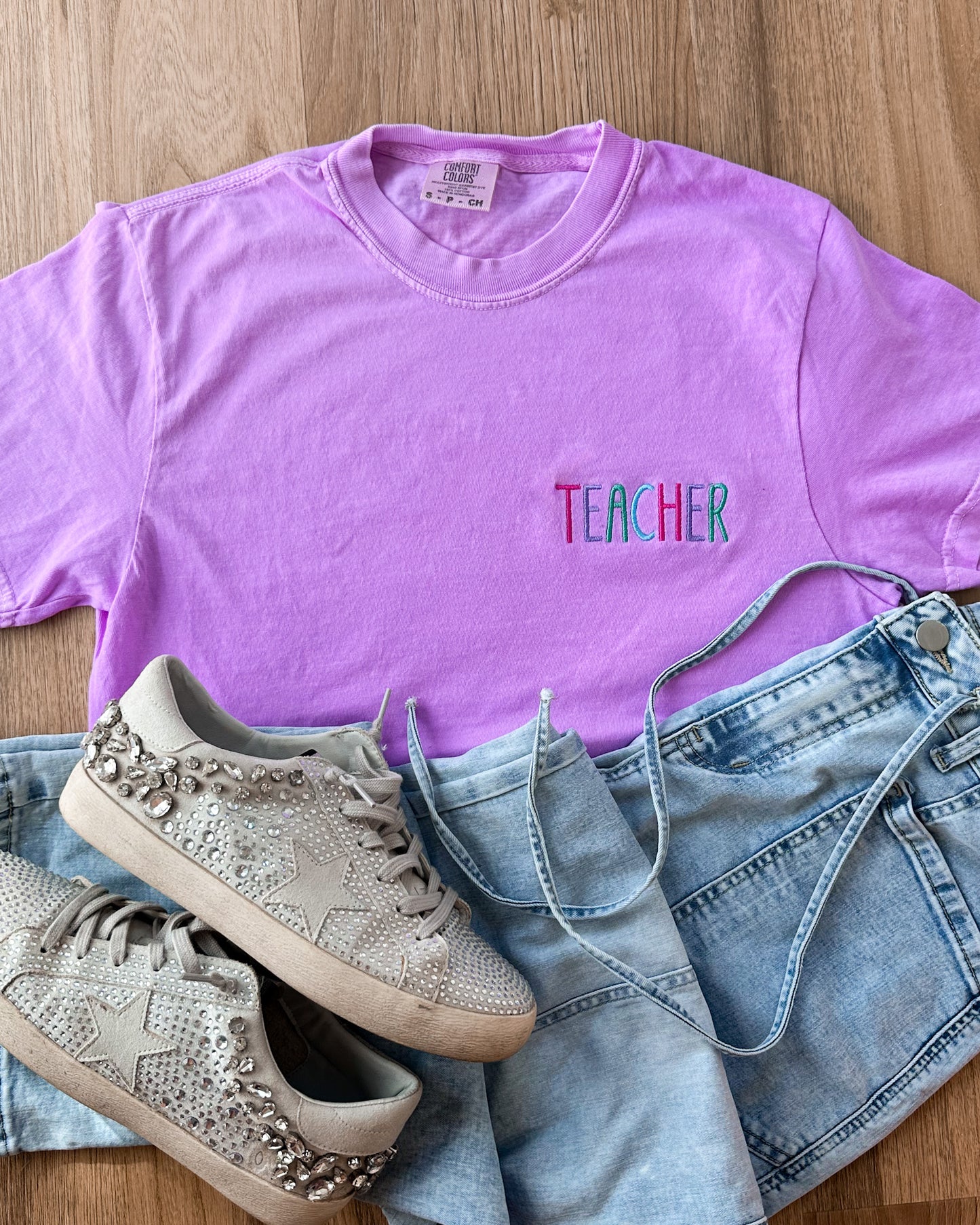 Teacher Embroidered Comfort Colors Tee | Multicolor Stitch